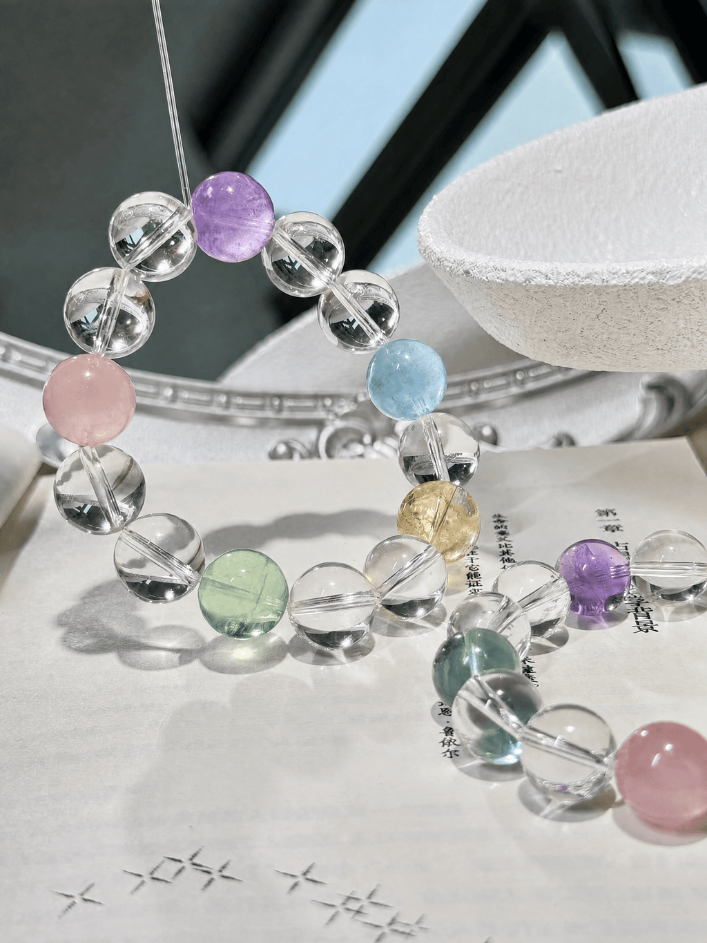 Natural Multi-Gem Crystal Bracelet – Amethyst, Rose Quartz, Fluorite & Clear Quartz Beads, Double-Strand Healing Gemstone Jewelry for Women