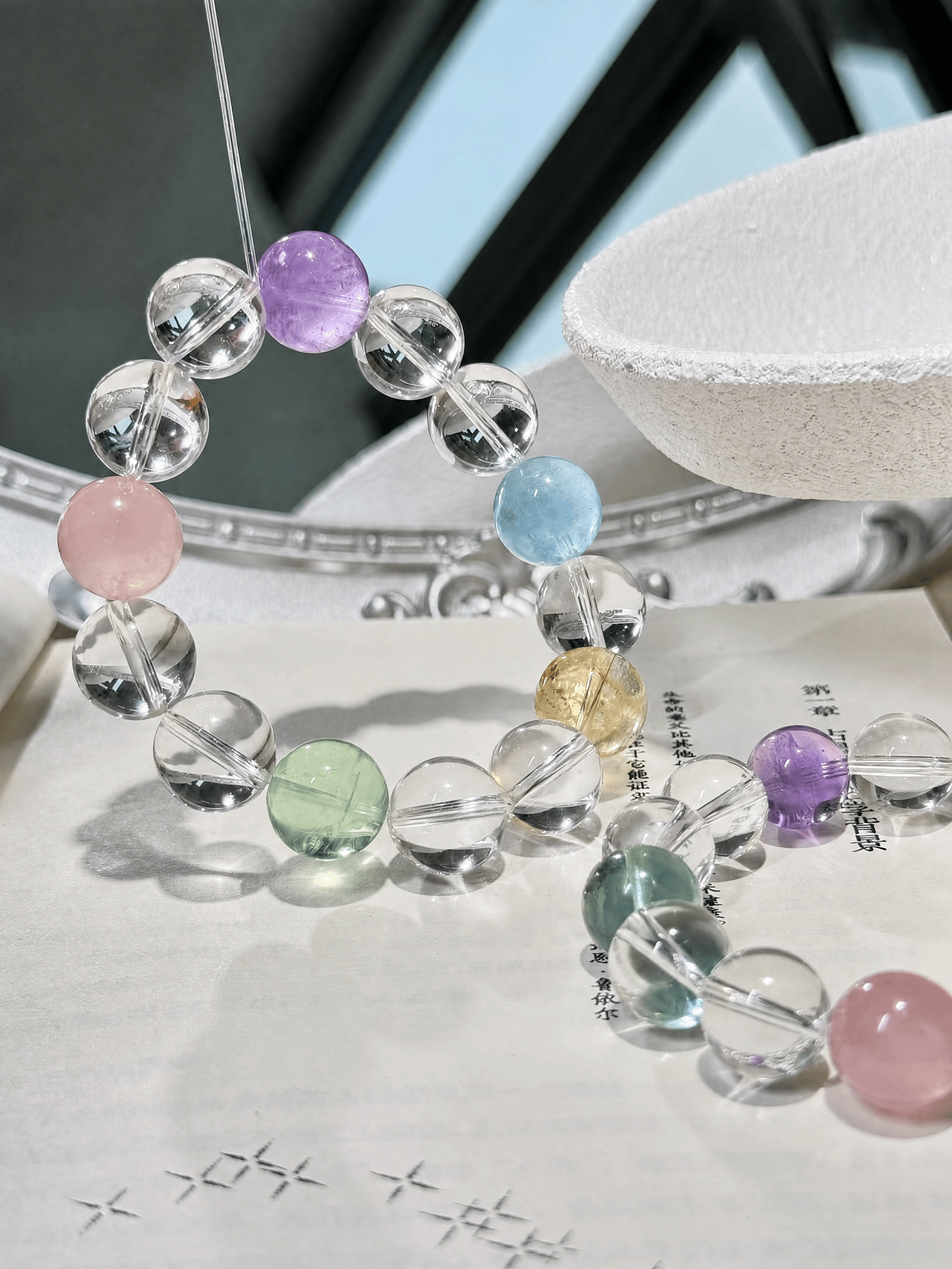 Natural Multi-Gem Crystal Bracelet – Amethyst, Rose Quartz, Fluorite & Clear Quartz Beads, Double-Strand Healing Gemstone Jewelry for Women
