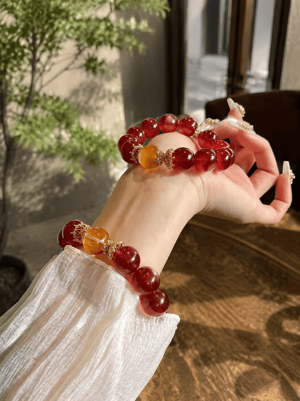 Natural Strawberry Quartz & Flower Agate Bracelet 14mm – Large Bead Crystal Jewelry for Women, Pink Gemstone Gift