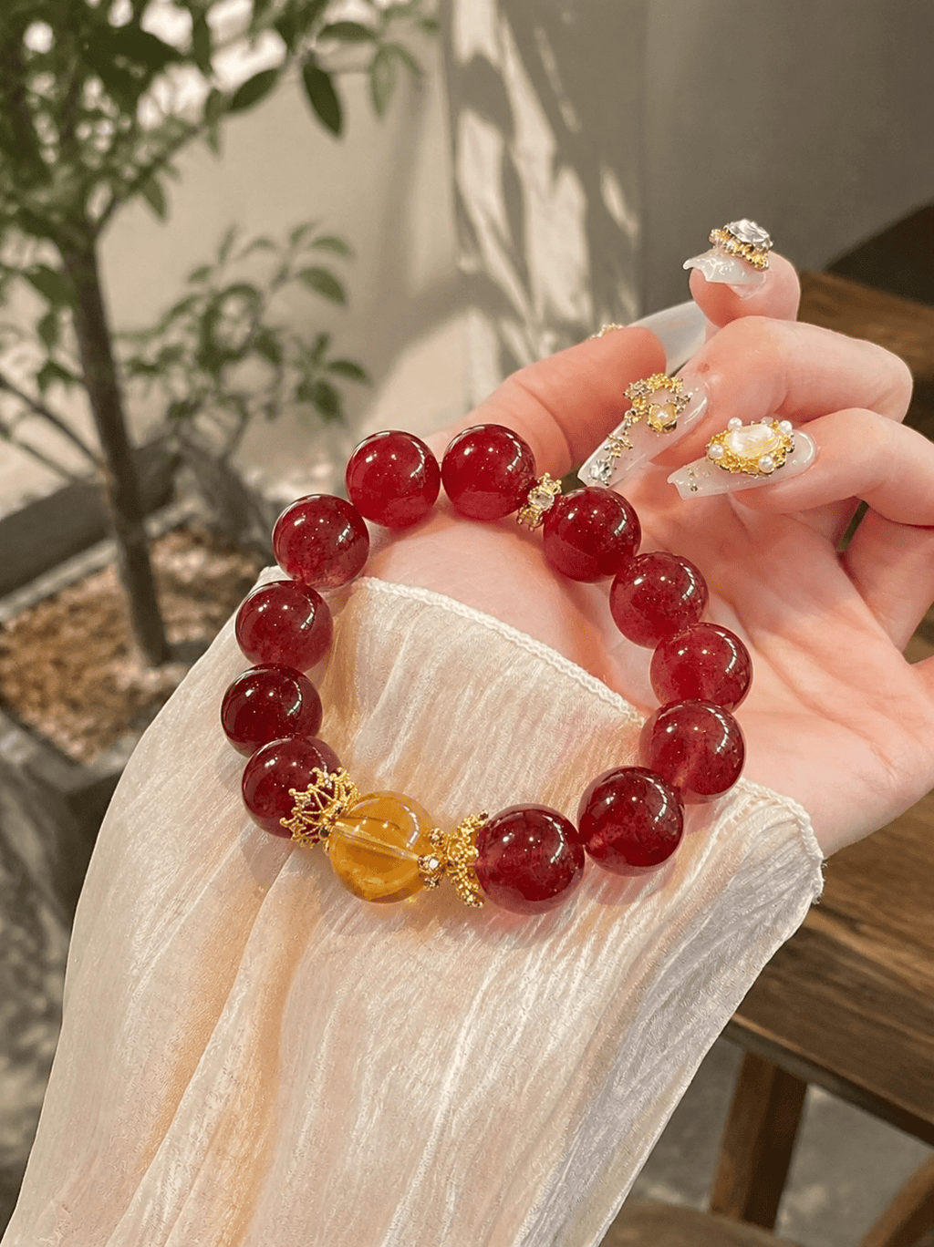 Natural Strawberry Quartz & Flower Agate Bracelet 14mm – Large Bead Crystal Jewelry for Women, Pink Gemstone Gift