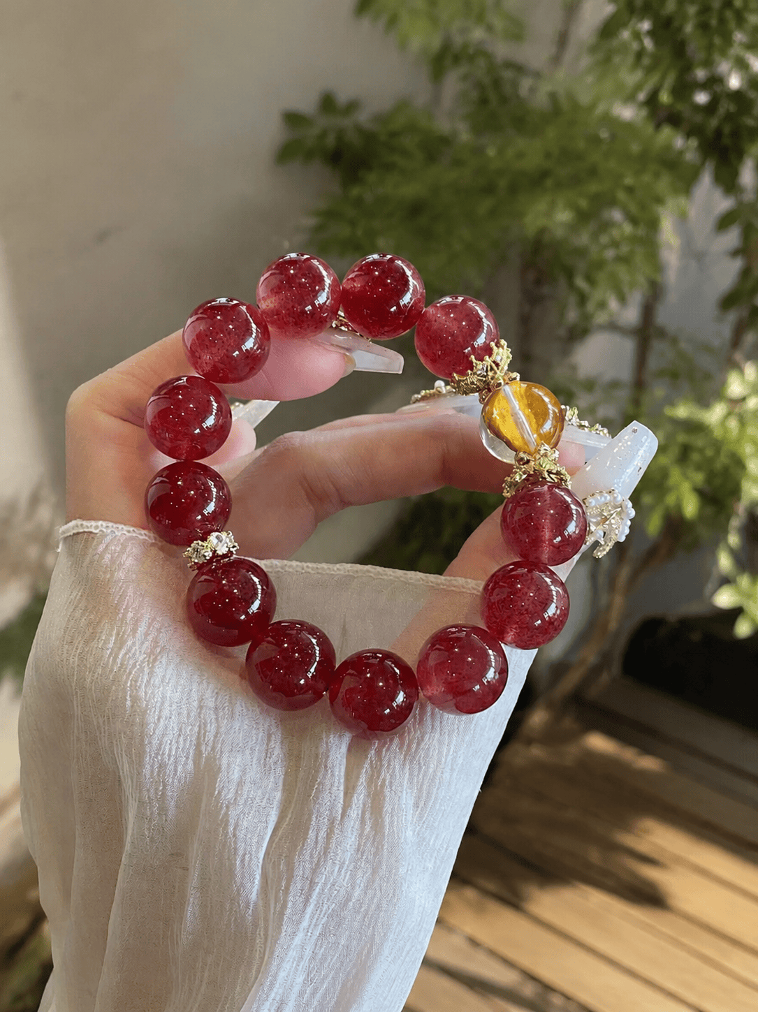Natural Strawberry Quartz & Flower Agate Bracelet 14mm – Large Bead Crystal Jewelry for Women, Pink Gemstone Gift