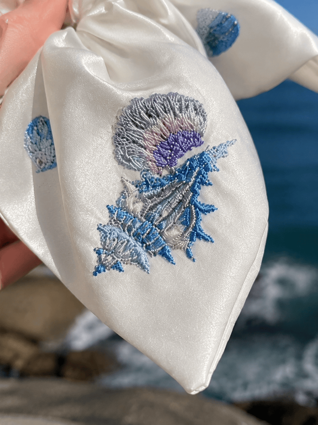 Ocean Embroidered Scarf Scrunchie – Structured Crinkle Fabric Hair Tie