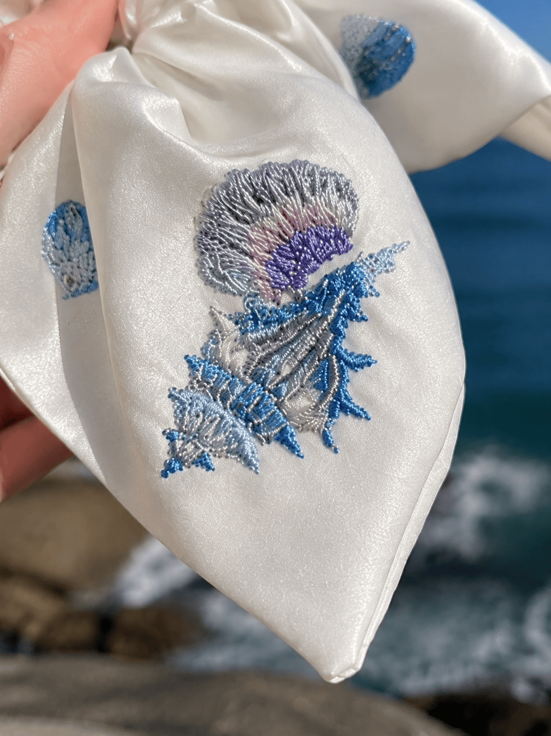 Ocean Embroidered Scarf Scrunchie – Structured Crinkle Fabric Hair Tie