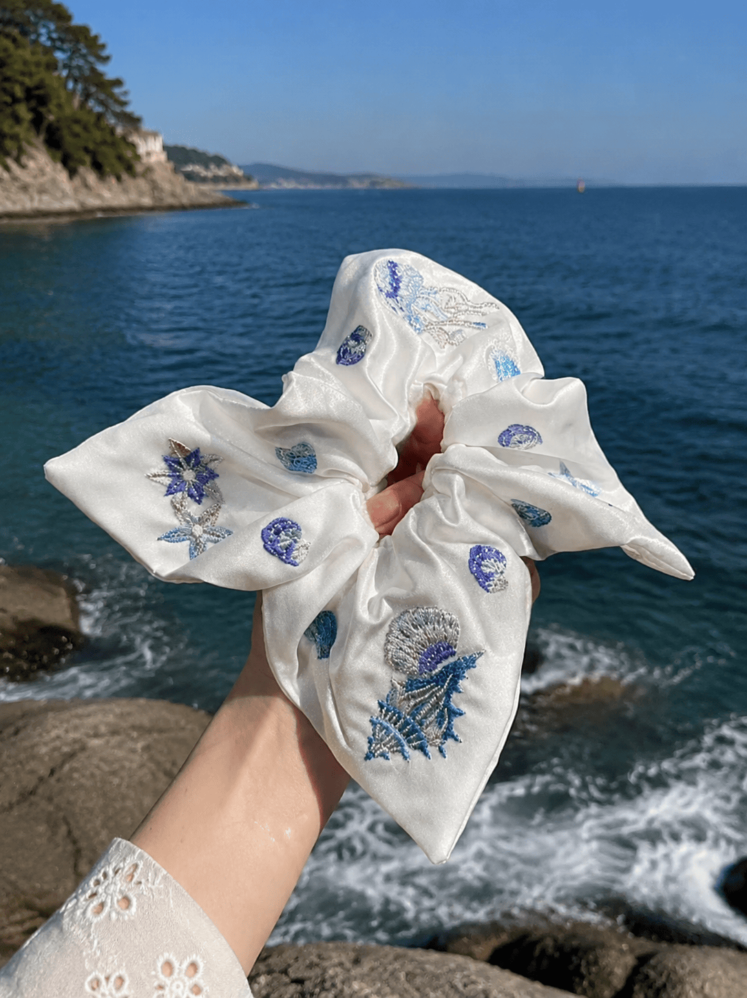 Ocean Embroidered Scarf Scrunchie – Structured Crinkle Fabric Hair Tie