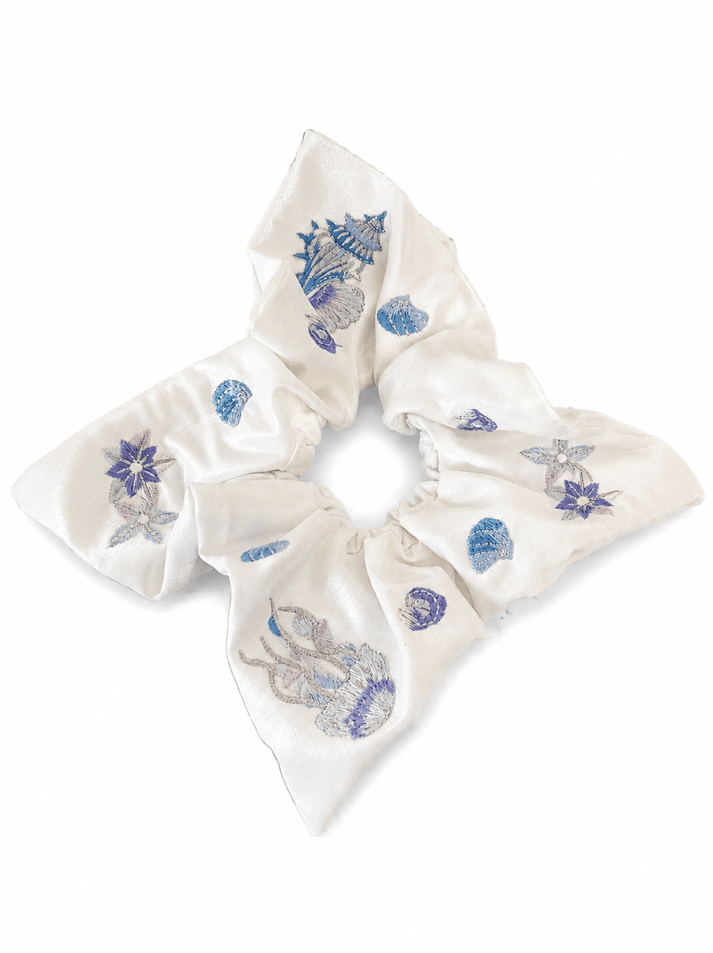 Ocean Embroidered Scarf Scrunchie – Structured Crinkle Fabric Hair Tie