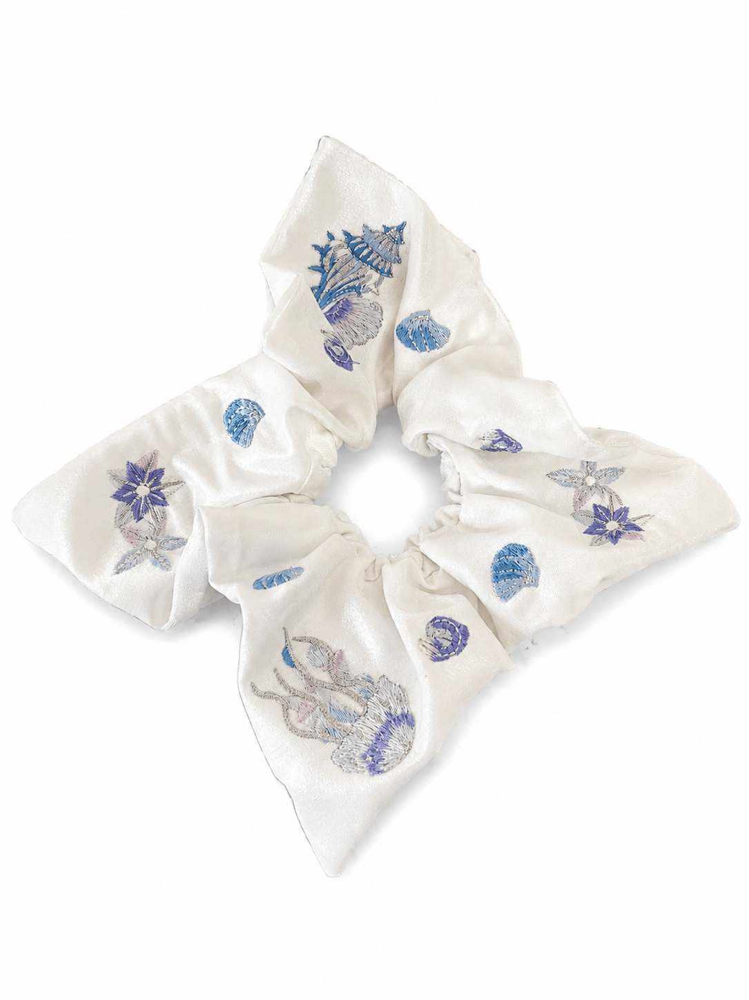 Ocean Embroidered Scarf Scrunchie – Structured Crinkle Fabric Hair Tie