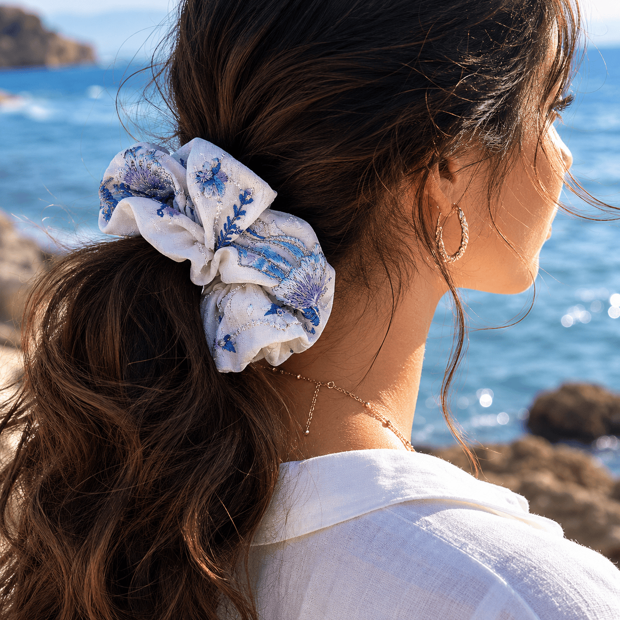 Ocean Garden Embroidered Satin Scrunchie | Blue Marine-Inspired Hair Tie