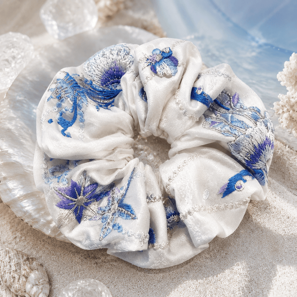 Ocean Garden Embroidered Satin Scrunchie | Blue Marine-Inspired Hair Tie
