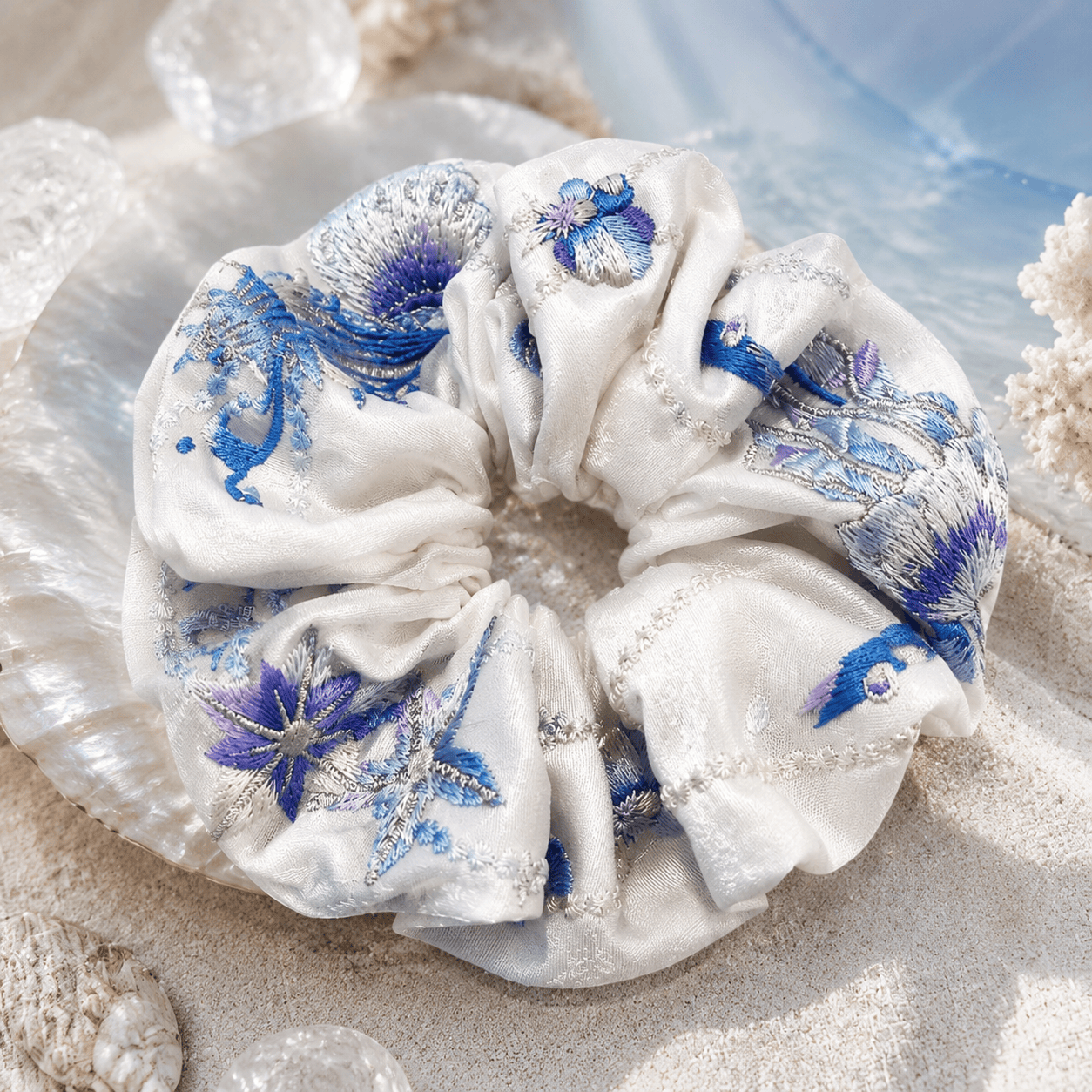 Ocean Garden Embroidered Satin Scrunchie | Blue Marine-Inspired Hair Tie