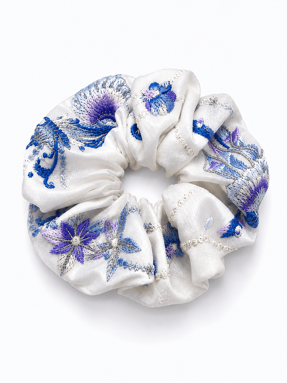 Ocean Garden Embroidered Satin Scrunchie | Blue Marine-Inspired Hair Tie