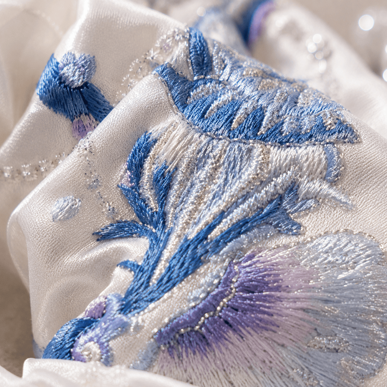 Ocean Garden Embroidered Satin Scrunchie | Blue Marine-Inspired Hair Tie