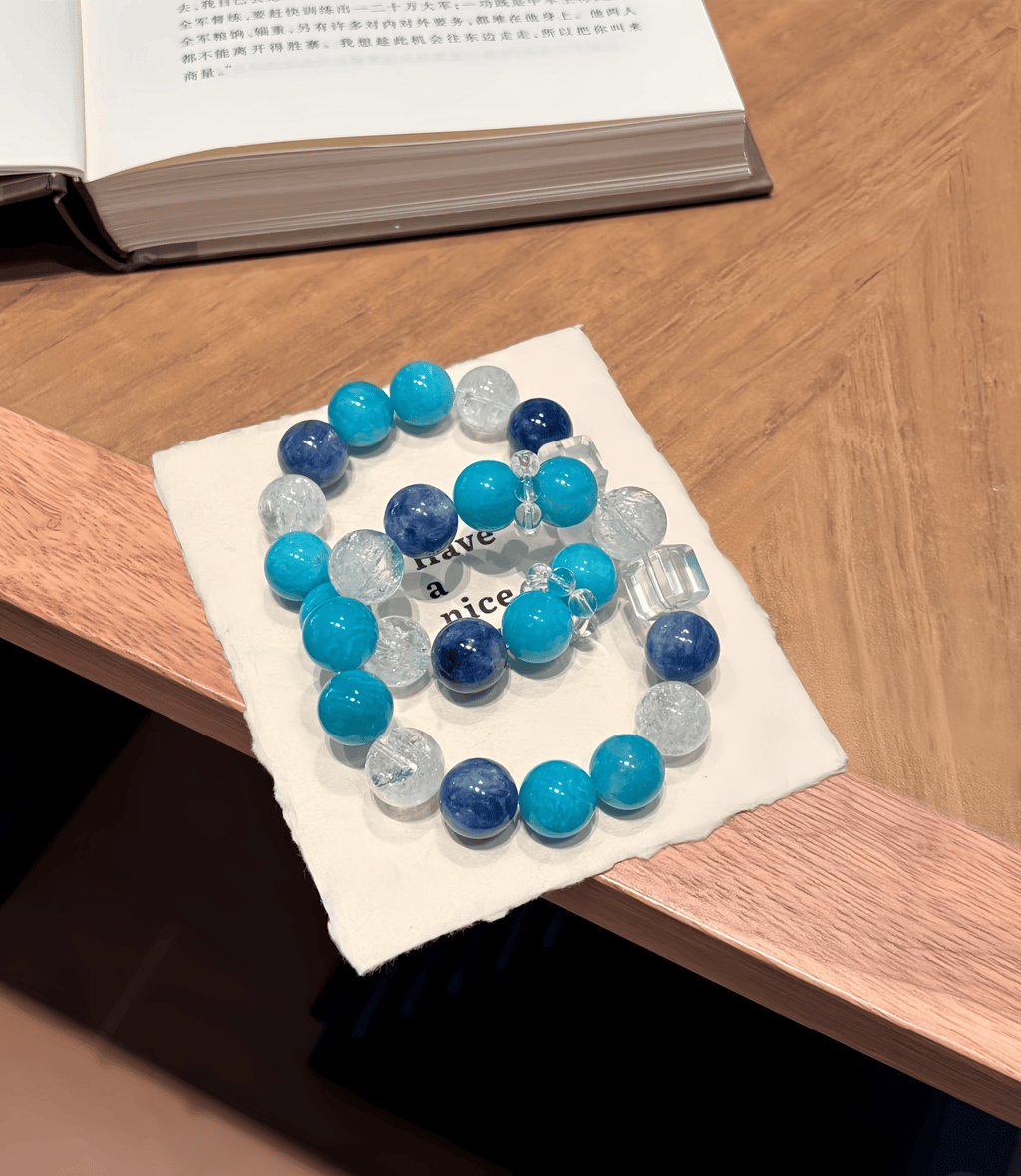 Ocean Serenity Crystal Bracelet – Natural Amazonite, Clear Quartz & Blue Gemstone Handmade Bracelet for Calm, Balance & Positive Energy