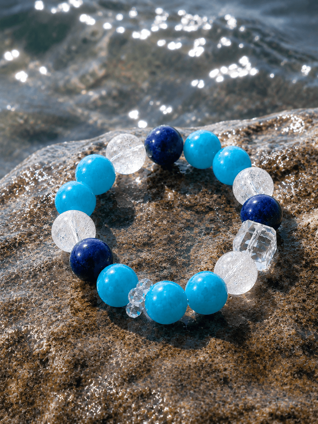 Ocean Serenity Crystal Bracelet – Natural Amazonite, Clear Quartz & Blue Gemstone Handmade Bracelet for Calm, Balance & Positive Energy