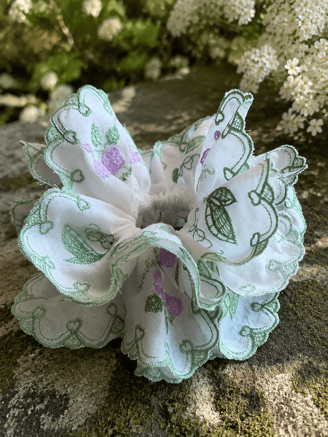 Oversized Four-Layer Floral Embroidered Scrunchie | 3D Fabric Hair Tie