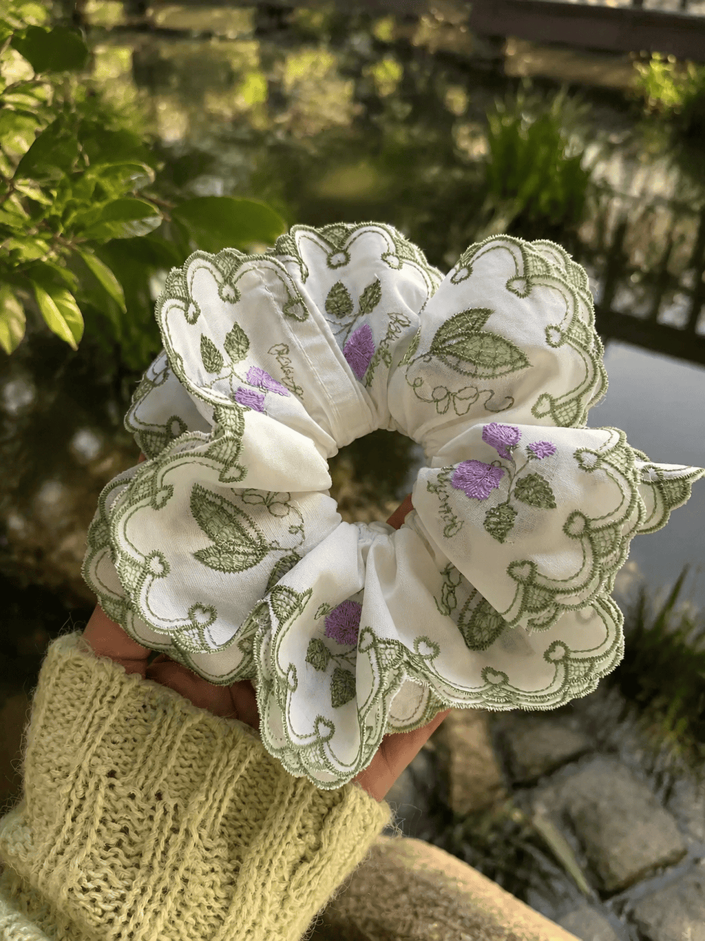 Oversized Four-Layer Floral Embroidered Scrunchie | 3D Fabric Hair Tie