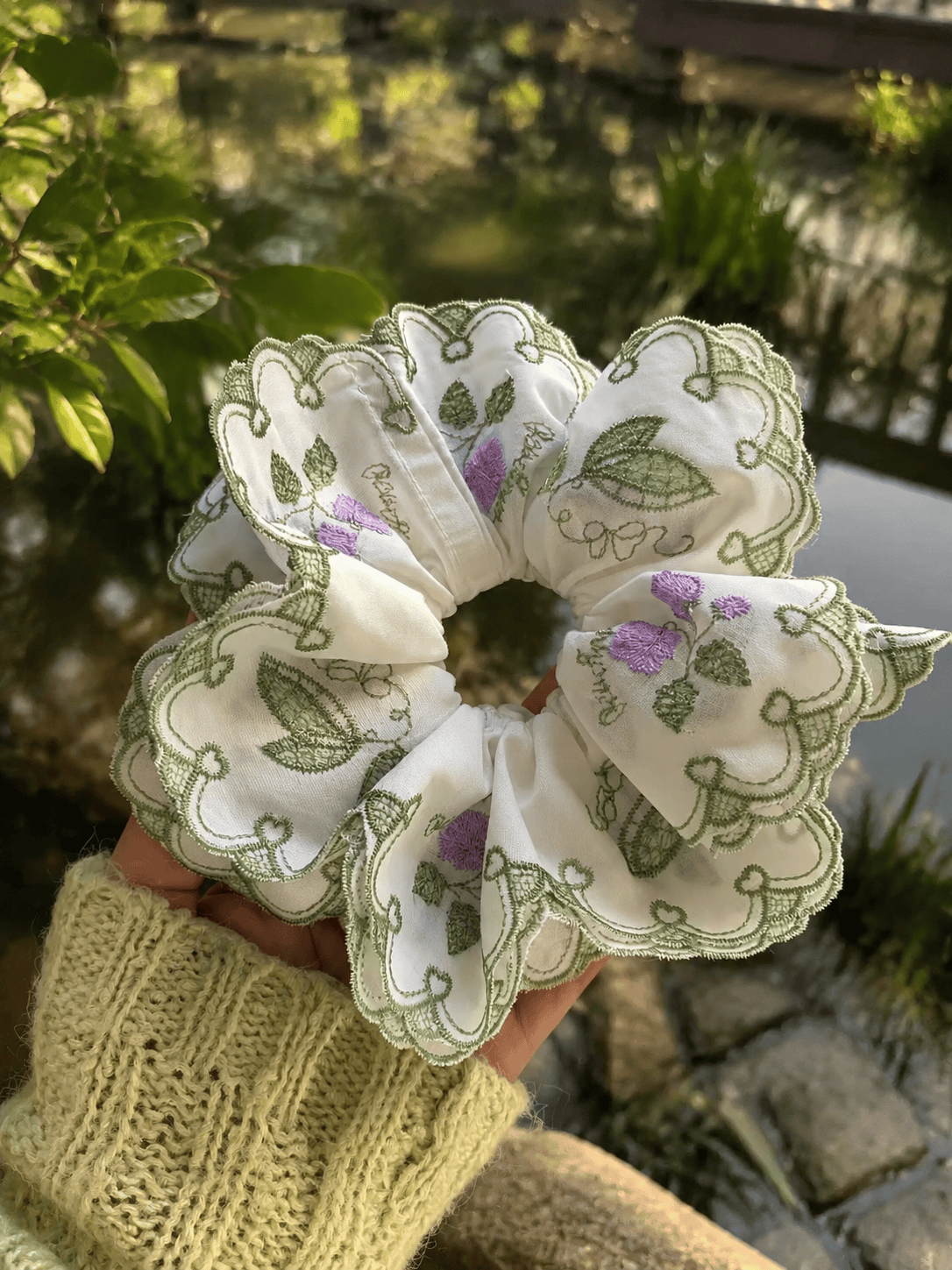 Oversized Four-Layer Floral Embroidered Scrunchie | 3D Fabric Hair Tie