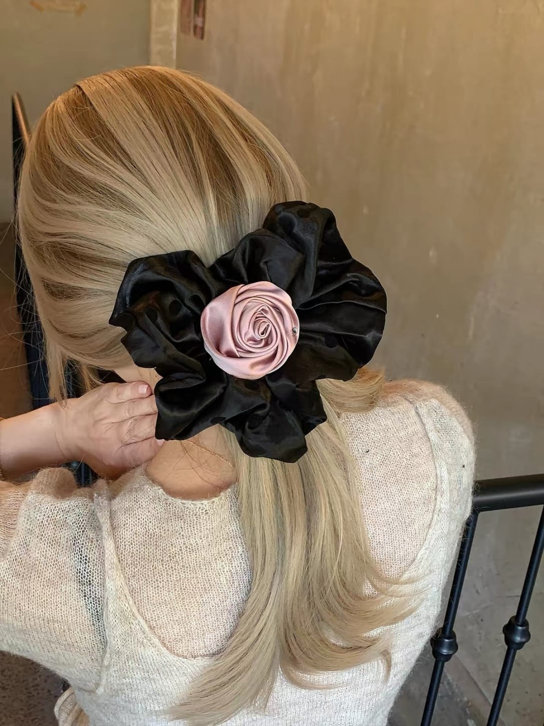 Oversized Satin Rose Bud Hair Clip – Polka Dot Floral Design