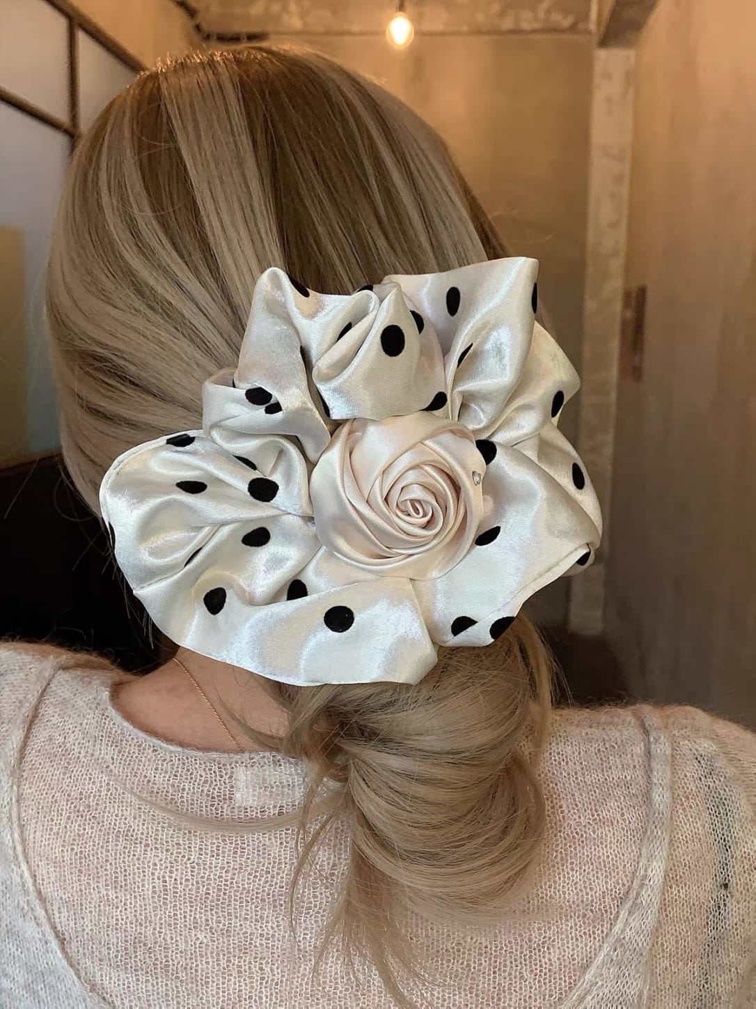 Oversized Satin Rose Bud Hair Clip – Polka Dot Floral Design