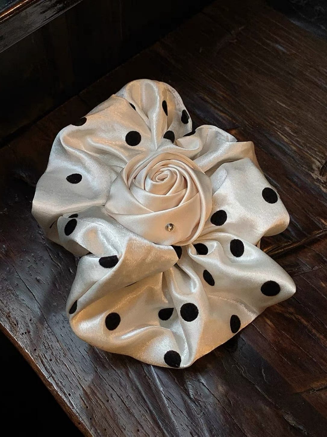 Oversized Satin Rose Bud Hair Clip – Polka Dot Floral Design
