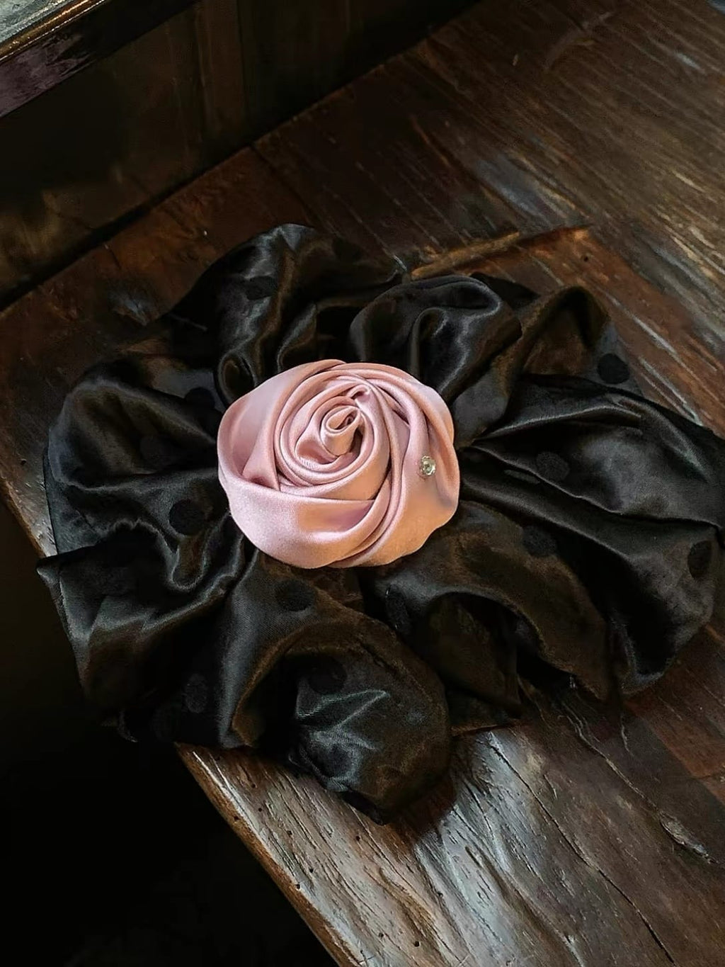 Oversized Satin Rose Bud Hair Clip – Polka Dot Floral Design