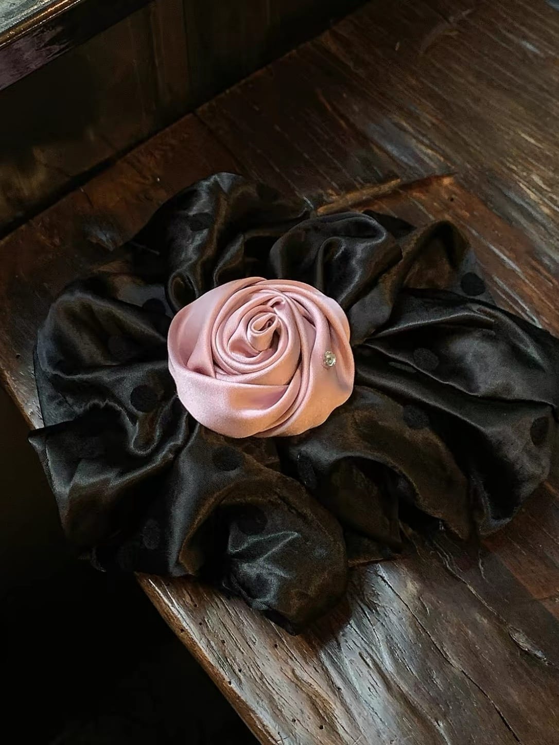 Oversized Satin Rose Bud Hair Clip – Polka Dot Floral Design