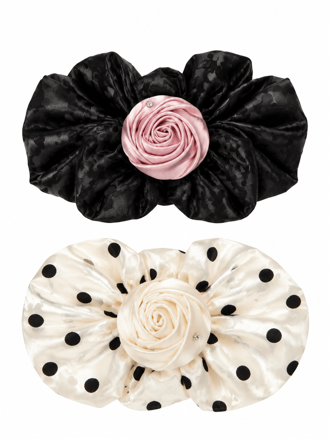 Oversized Satin Rose Bud Hair Clip – Polka Dot Floral Design