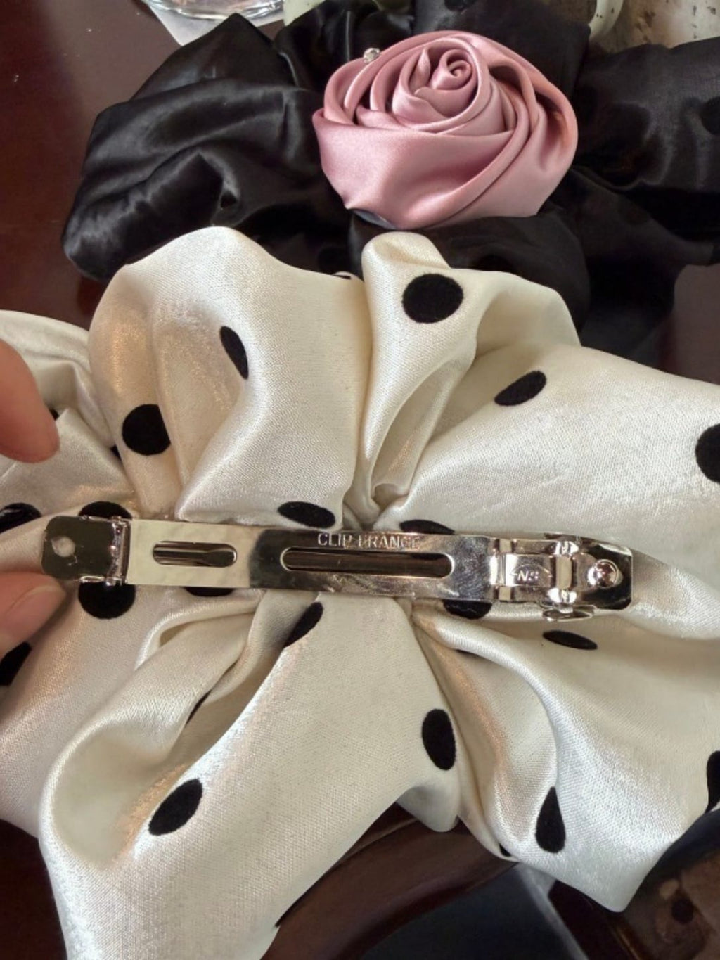 Oversized Satin Rose Bud Hair Clip – Polka Dot Floral Design