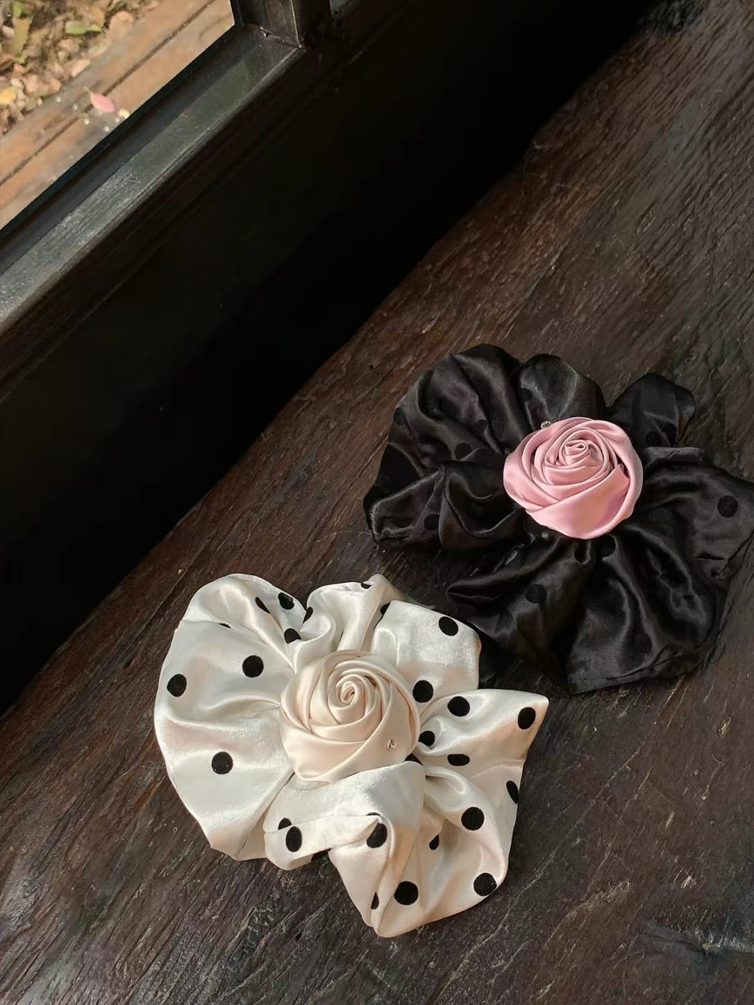 Oversized Satin Rose Bud Hair Clip – Polka Dot Floral Design