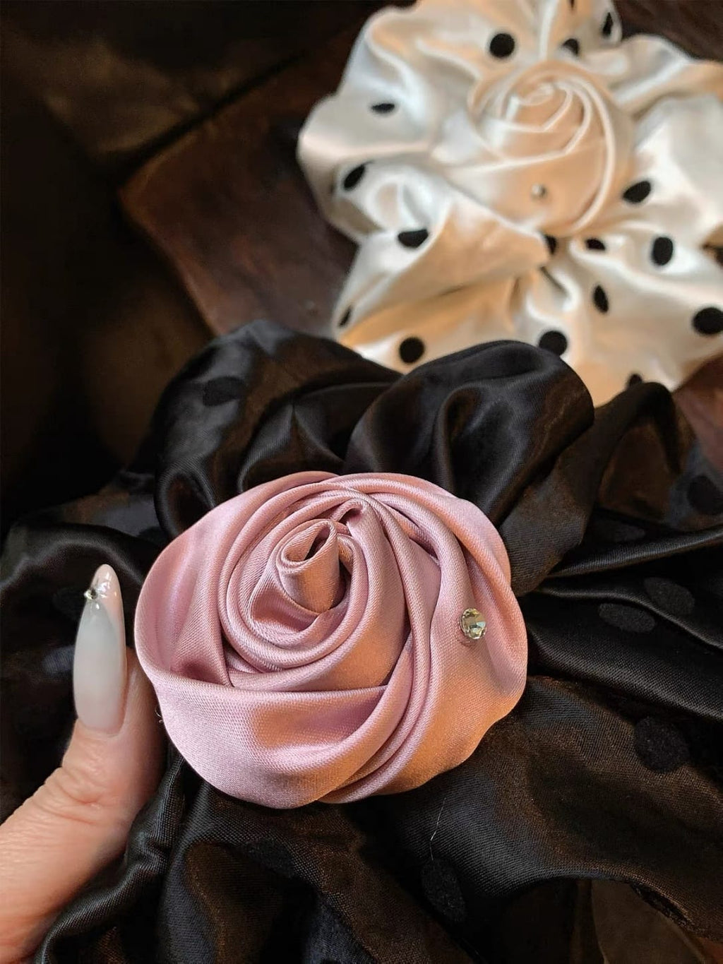 Oversized Satin Rose Bud Hair Clip – Polka Dot Floral Design