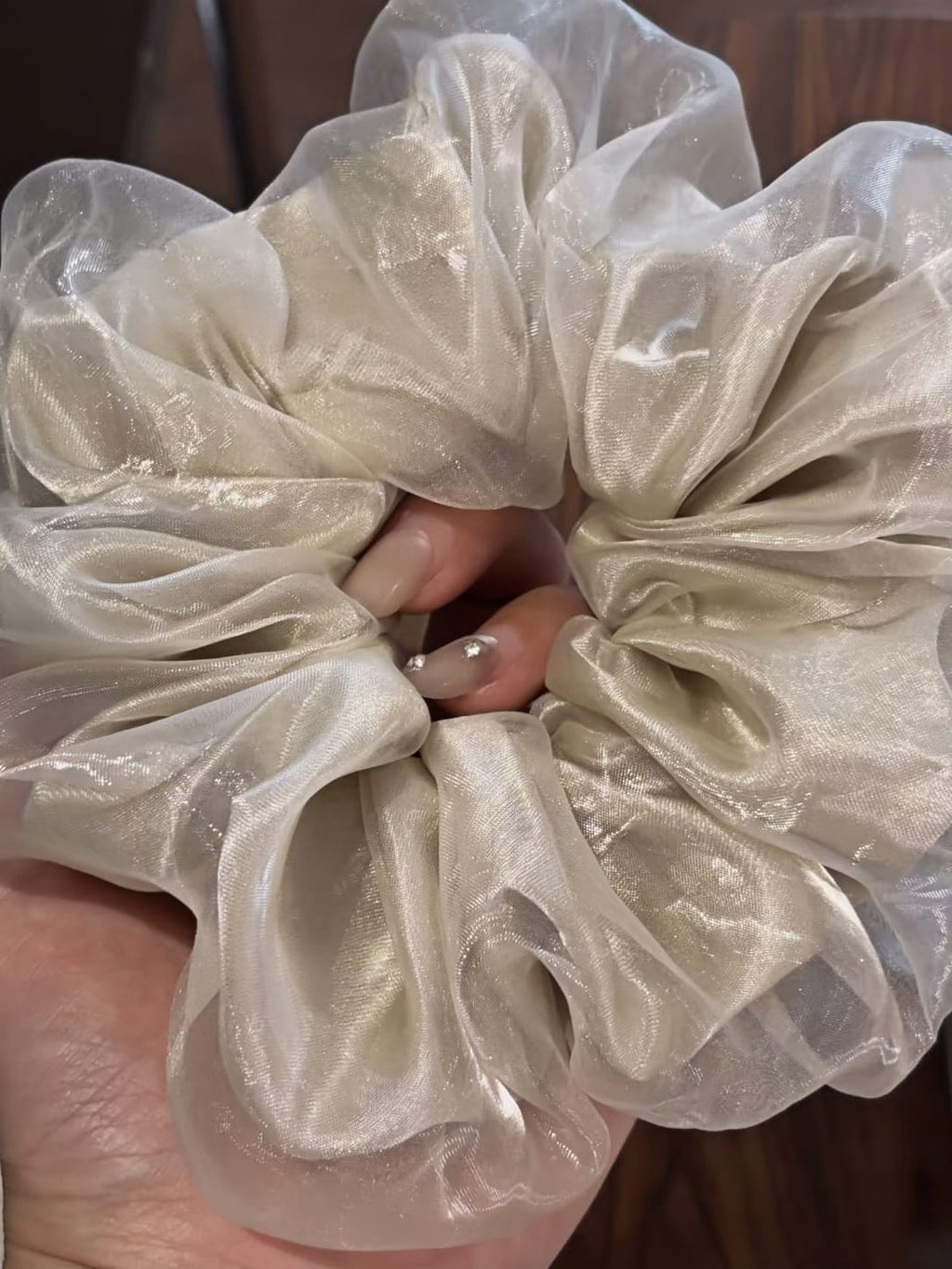 Pearl Satin Organza Scrunchie | Elegant Oversized Hair Accessory