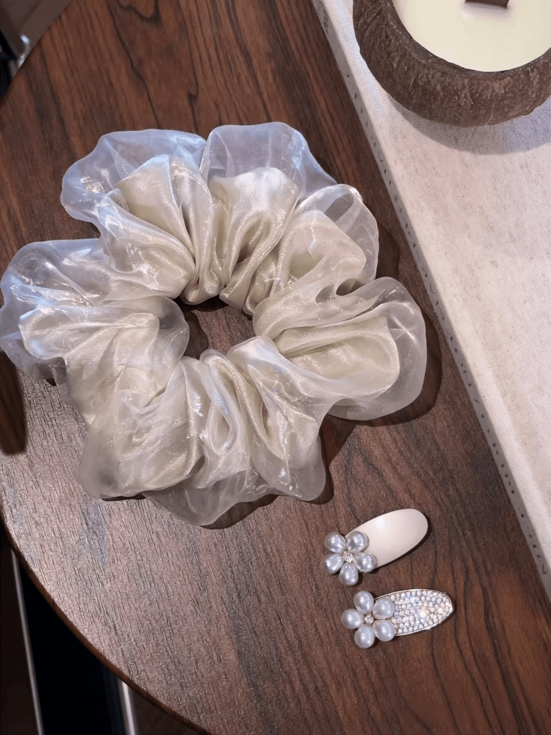 Pearl Satin Organza Scrunchie | Elegant Oversized Hair Accessory
