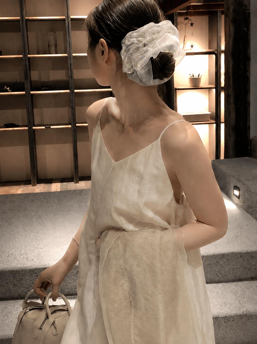 Pearl Satin Organza Scrunchie | Elegant Oversized Hair Accessory