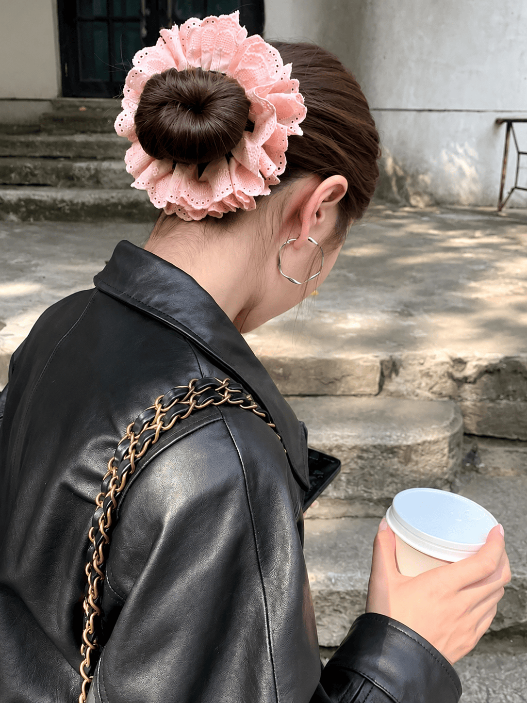 Pink & Black Lace Ruffle Scrunchie | Vintage Hair Tie for Women