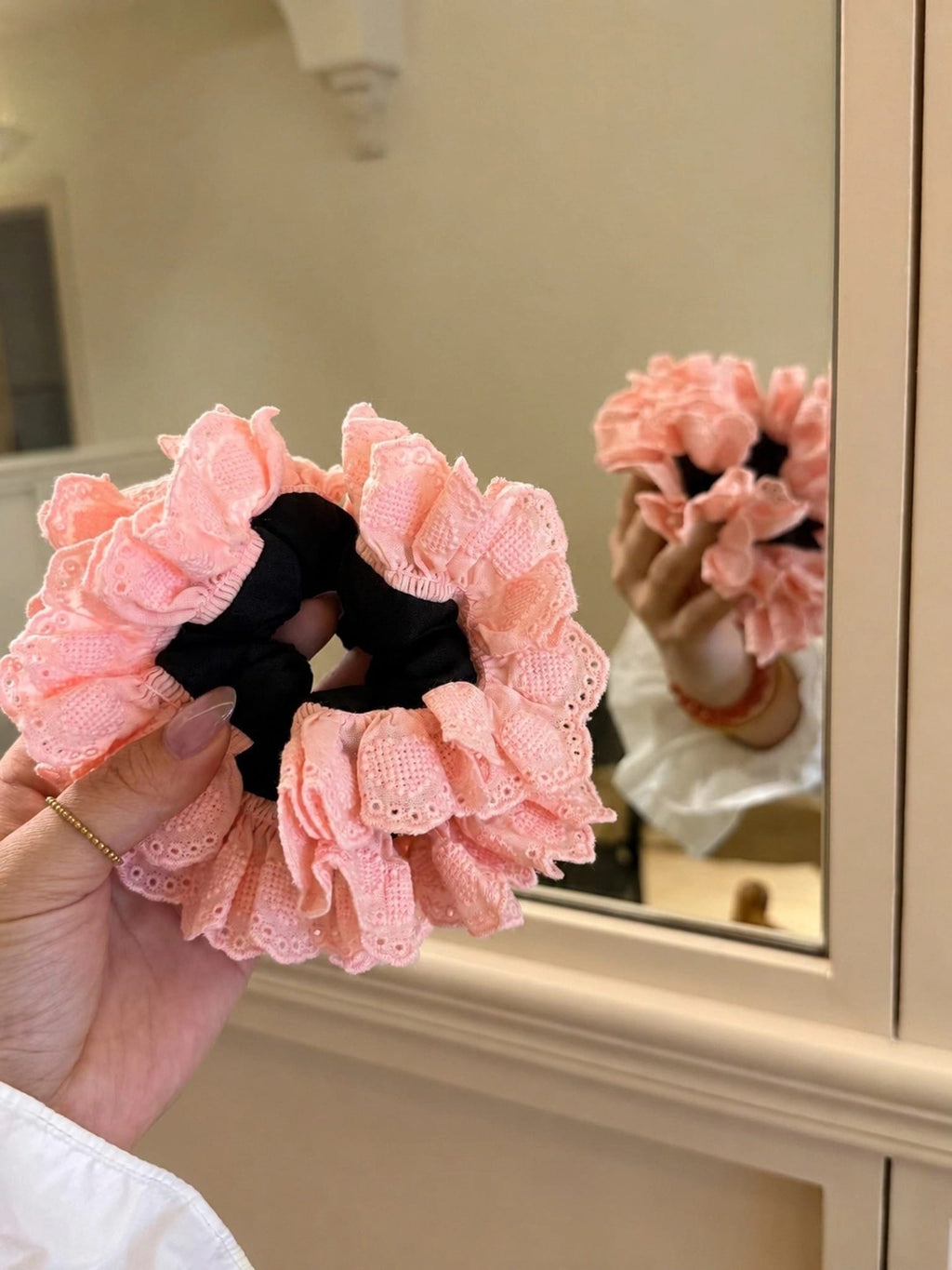 Pink & Black Lace Ruffle Scrunchie | Vintage Hair Tie for Women