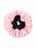 Pink & Black Lace Ruffle Scrunchie | Vintage Hair Tie for Women