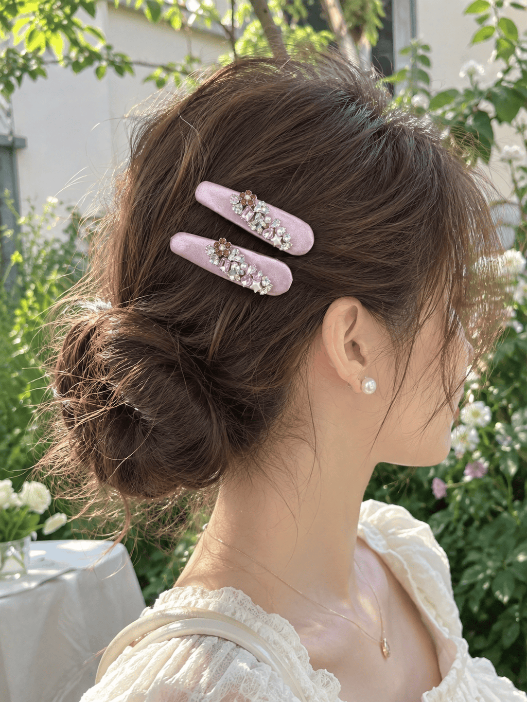 Pink Satin Rhinestone Hair Clips – Elegant Crystal Barrettes, 2-Piece Set