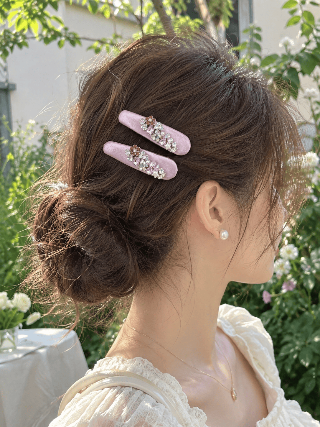 Pink Satin Rhinestone Hair Clips – Elegant Crystal Barrettes, 2-Piece Set
