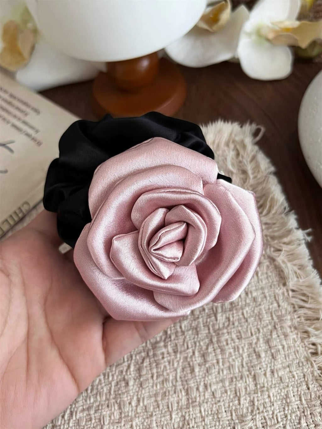 Pink Satin Rose Flower Scrunchie – Elegant 3D Floral Hair Tie
