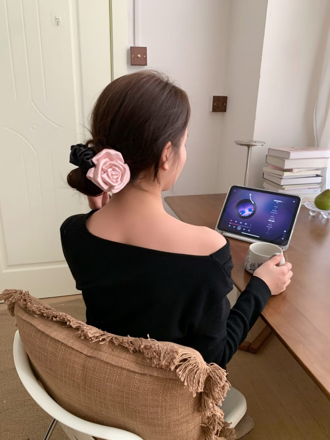 Pink Satin Rose Flower Scrunchie – Elegant 3D Floral Hair Tie