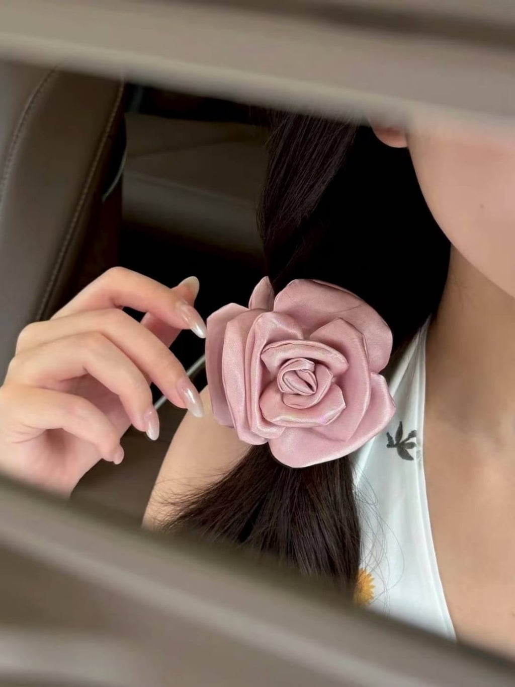 Pink Satin Rose Flower Scrunchie – Elegant 3D Floral Hair Tie