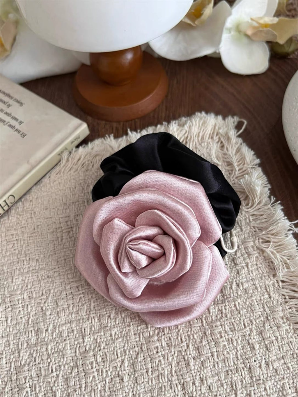 Pink Satin Rose Flower Scrunchie – Elegant 3D Floral Hair Tie