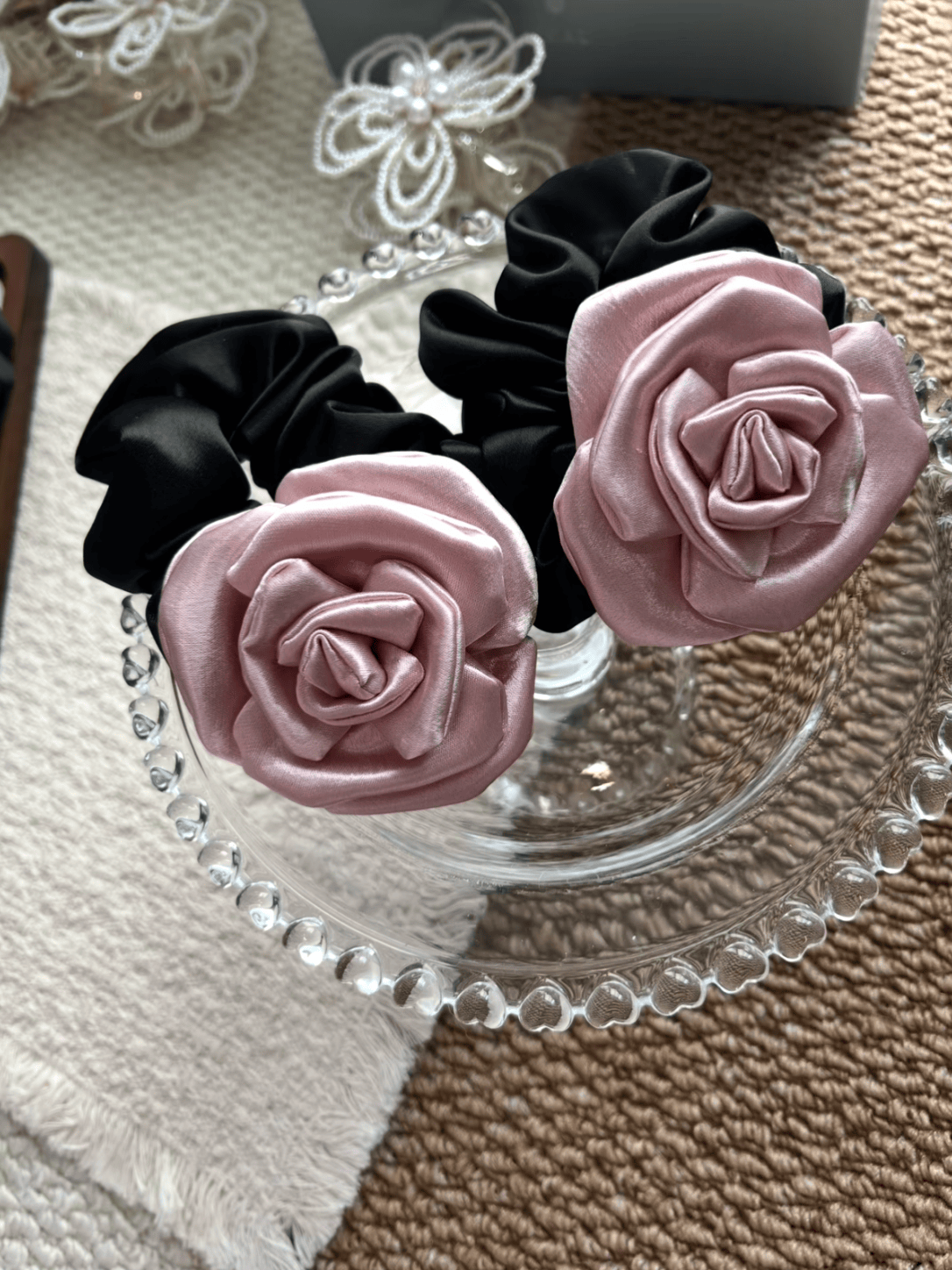 Pink Satin Rose Flower Scrunchie – Elegant 3D Floral Hair Tie