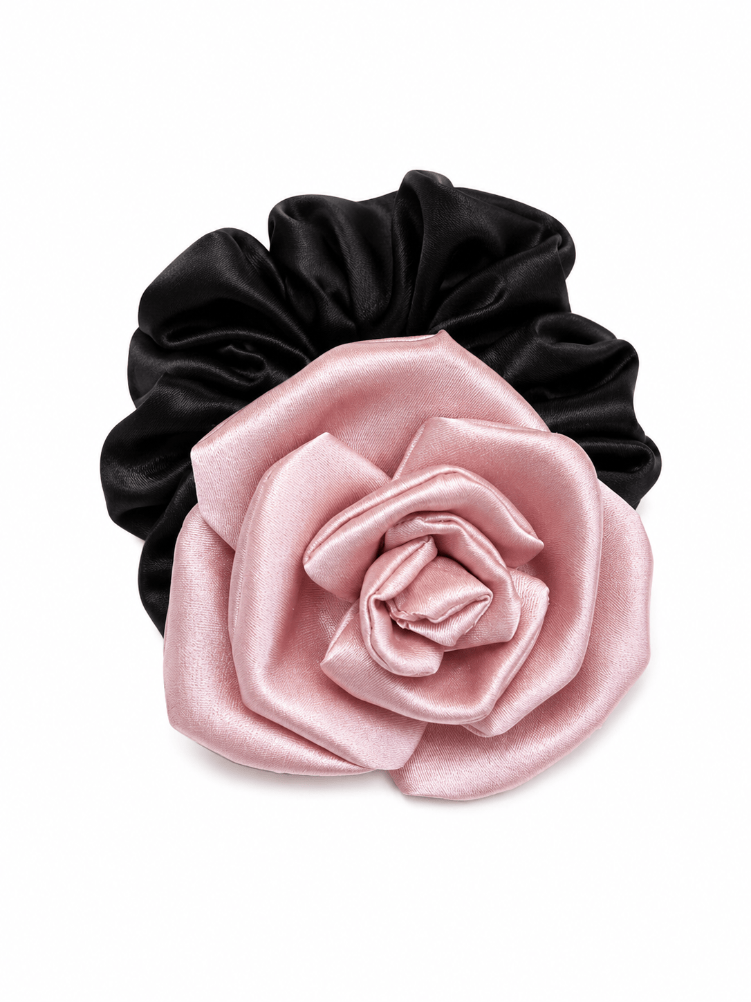 Pink Satin Rose Flower Scrunchie – Elegant 3D Floral Hair Tie