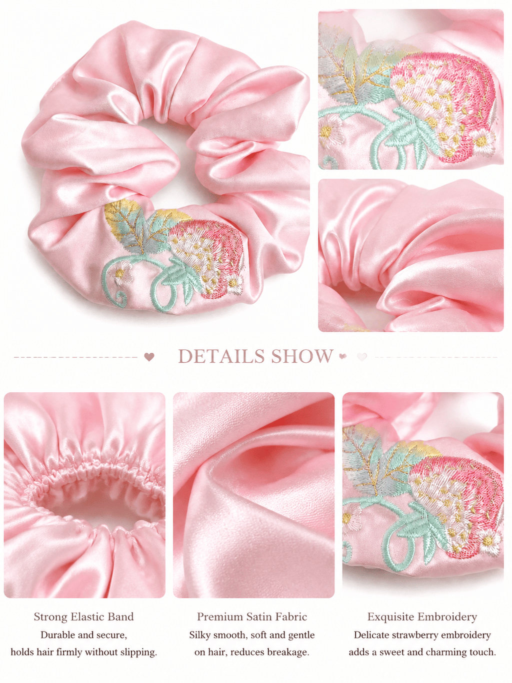 Pink Strawberry Embroidered Satin Scrunchie – Cute Oversized Hair Tie for Ponytails & Buns