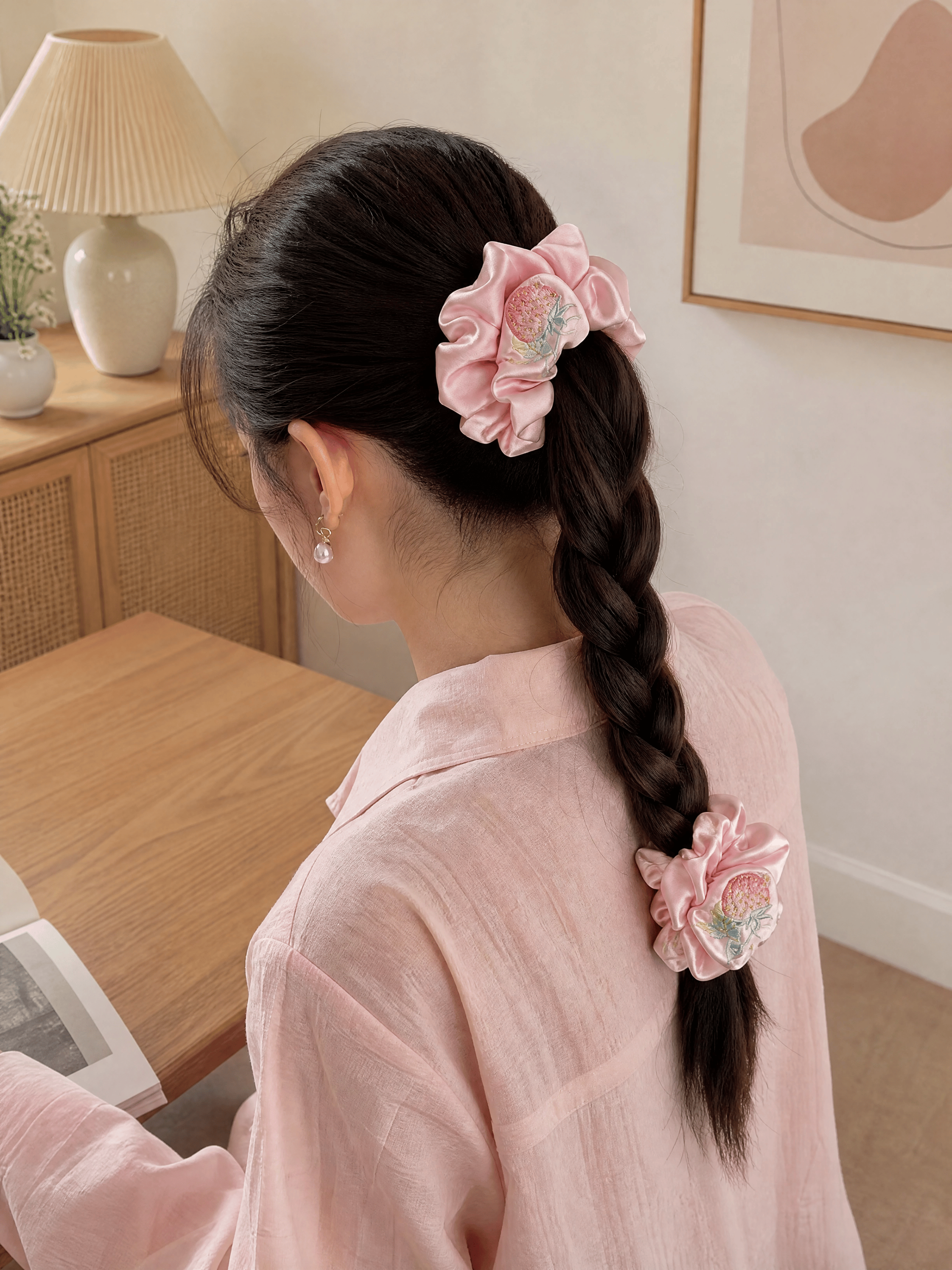Pink Strawberry Embroidered Satin Scrunchie – Cute Oversized Hair Tie for Ponytails & Buns
