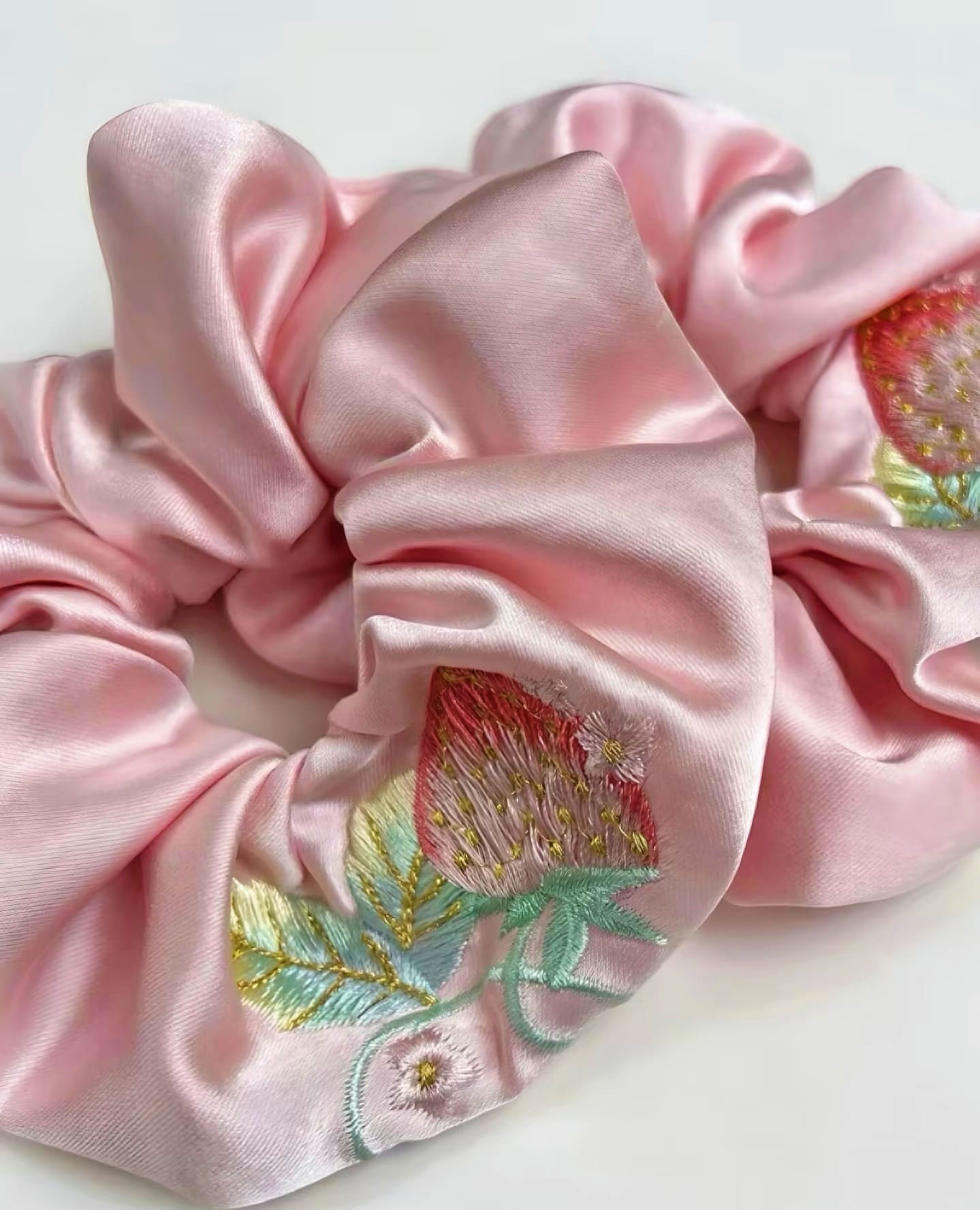 Pink Strawberry Embroidered Satin Scrunchie – Cute Oversized Hair Tie for Ponytails & Buns