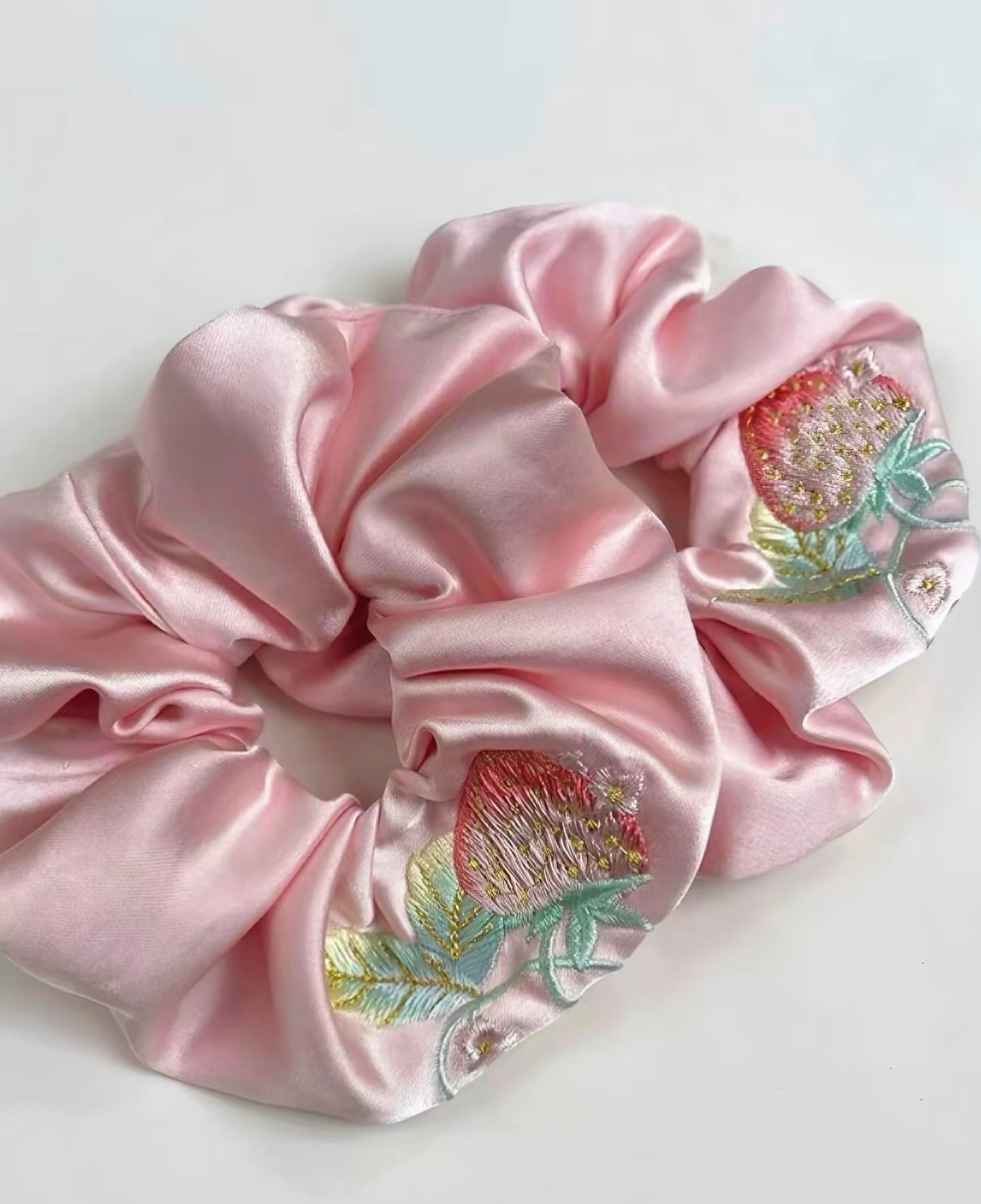 Pink Strawberry Embroidered Satin Scrunchie – Cute Oversized Hair Tie for Ponytails & Buns