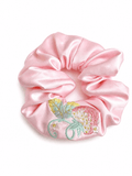Pink Strawberry Embroidered Satin Scrunchie – Cute Oversized Hair Tie for Ponytails & Buns