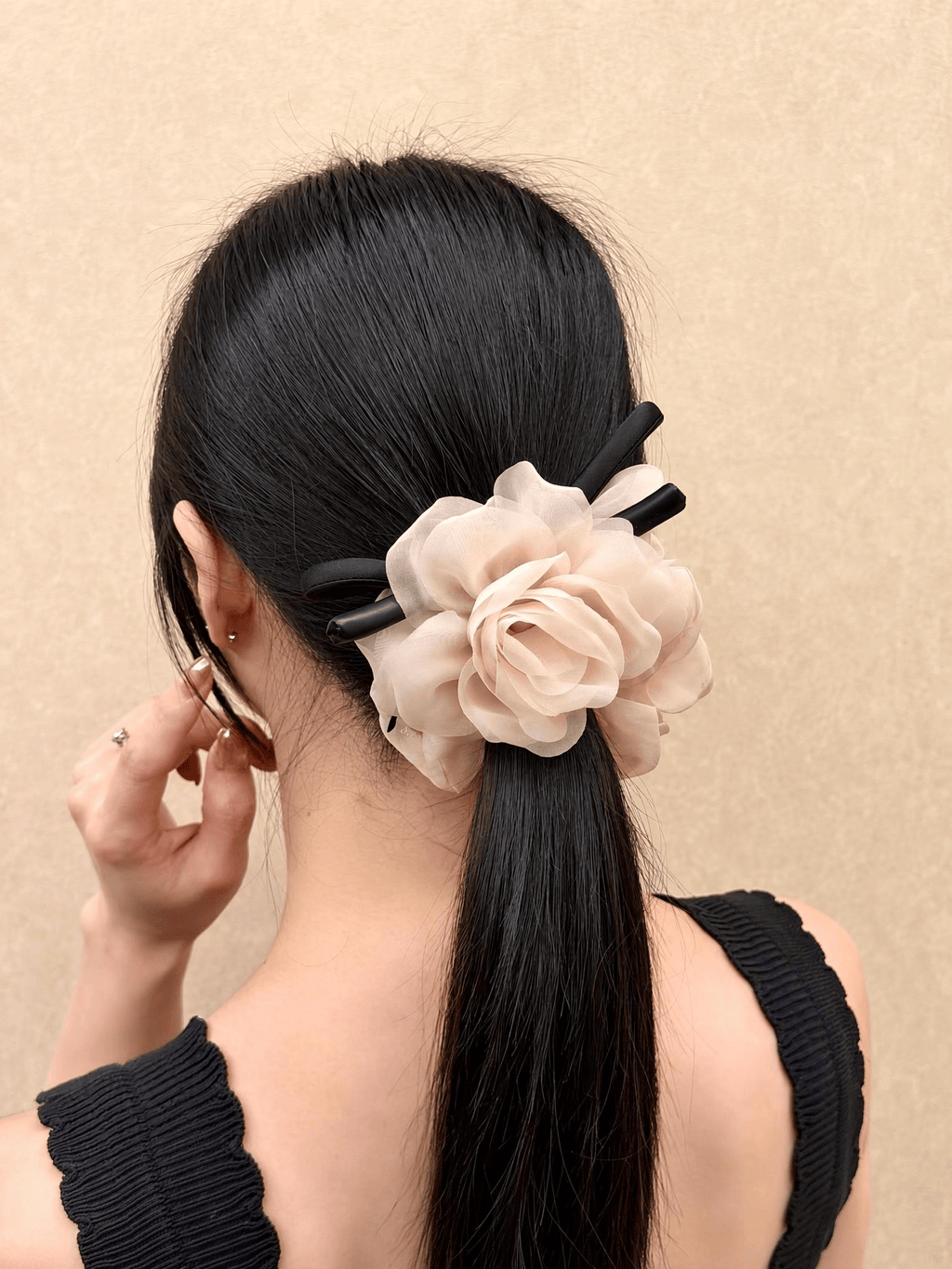 Romantic Rose Flower Scrunchie with Ribbon Bow | Elegant Hair Tie