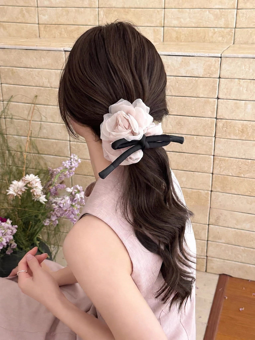 Romantic Rose Flower Scrunchie with Ribbon Bow | Elegant Hair Tie